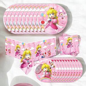 Princess Peach Party Supplies – Tableware Set with Plates, Napkins & Tablecloth,
